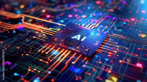Artificial intelligence chip concept attached to digital circuit board, Generative Ai illustration