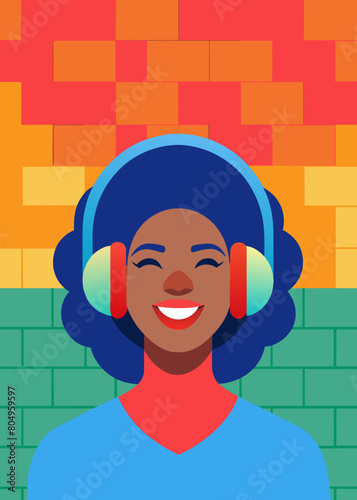 Inclusive image of a happy young gen-z black woman smiling and listening to music through headphones, vivid colours, colourful brick background