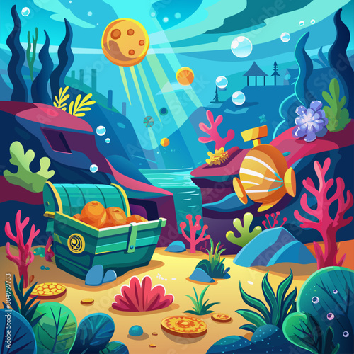 Bright underwater treasure hunt backgrounds with sunken ships.1