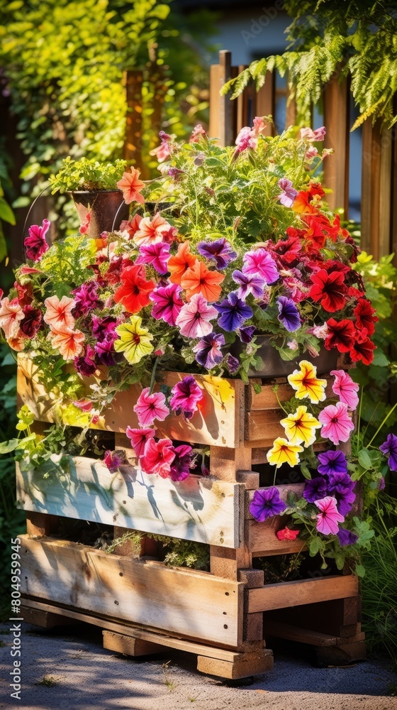 Beautiful different color flowers in pots on wooden pallet Beautiful different color flowers in pots on wooden pallet