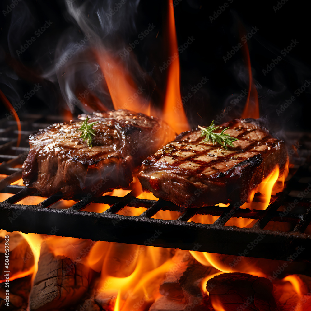 Steak cooking over a flaming grill. Steak cooking over a flaming grill.