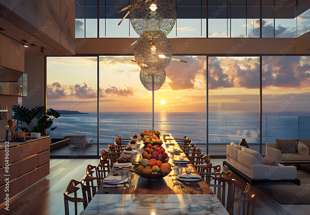 Fototapeta premium Light living room interior with beige couch and dining room with chairs on background, light grey concrete floor and window with countryside.