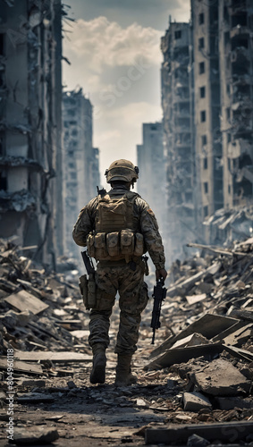 Amidst the rubble of a ravaged cityscape, a lone soldier marches on, embodying courage in the face of desolation.