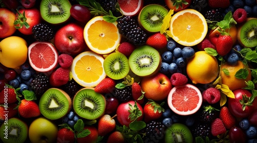 Many fresh fruits mix top down view from above.