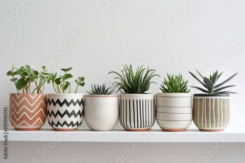 A series of minimalist ceramic plant pots with geometric patterns  arranged in a row on a white shelf  showcasing their modern aesthetic. 