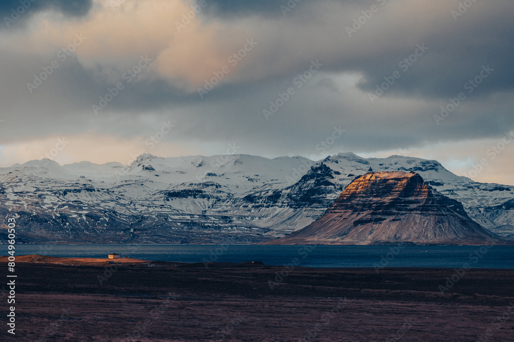 Kirkjufell mountain in a stormy winter day