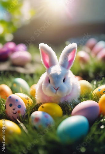 White Easter bunny rabbits in different poses and pastel Easter eggs vector illustration
