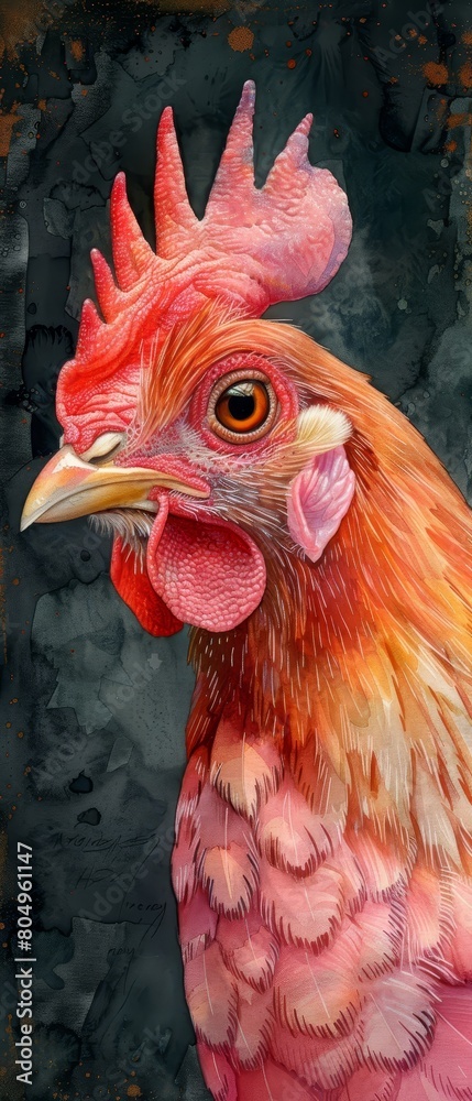 Naklejka premium A beautiful watercolor painting of a chicken, with vibrant colors and a striking composition