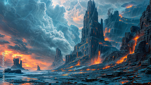Dramatic Alien Landscape with Towering Rock Structures and Lava Flows Under a Stormy Sky photo