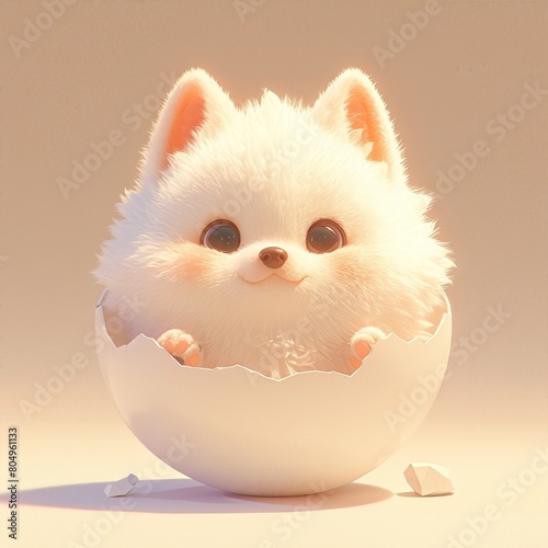 A cute and fluffy white puppy is sitting in a cracked eggshell