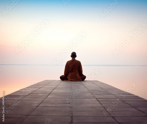 Meditating Monk in Orange Robe at Serene Lake Sunset Tranquility Concept