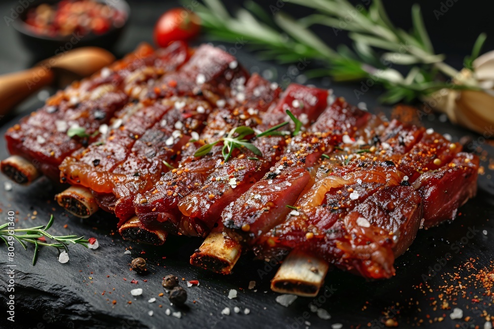 Seasoned pork jerky for extended preservation on the dining surface. Seasoned pork jerky for extended preservation on the dining surface.