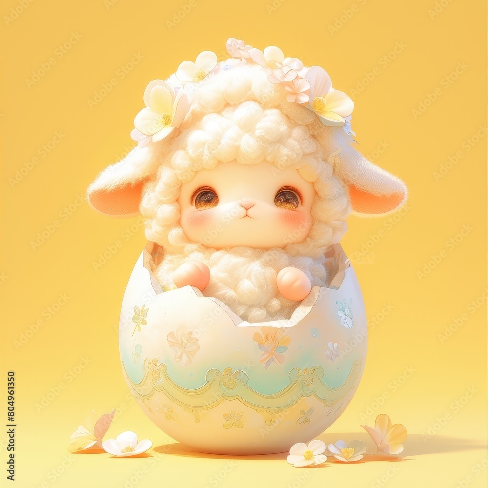 Cute 3D of a fluffy white lamb sitting in a cracked easter egg decorated with flowers. Cute 3D of a fluffy white lamb sitting in a cracked easter egg decorated with flowers.
