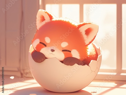 A cute red panda is sitting in an eggshell. The panda is smiling and has its eyes closed. The eggshell is sitting on a wooden table. There is a window in the background.