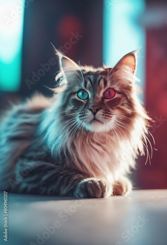 A stylish white cat wearing sunglasses on a vibrant blue background. Generative ai