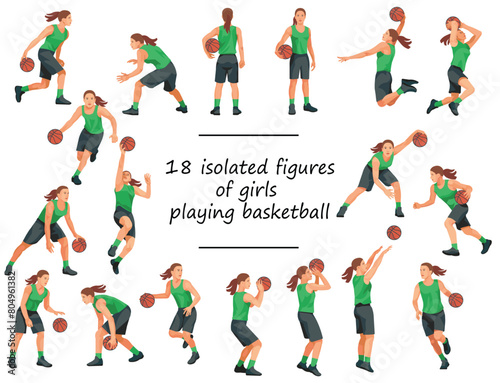 18 women's basketball girl players in green uniforms standing with the ball, running, jumping, throwing, shooting, passing the ball