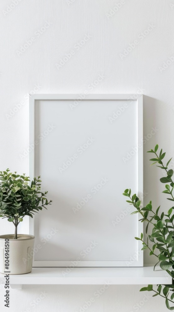 Fototapeta premium Create a minimal art print with a white frame and a white background. Add a potted plant to the left and some hanging leaves on the right.