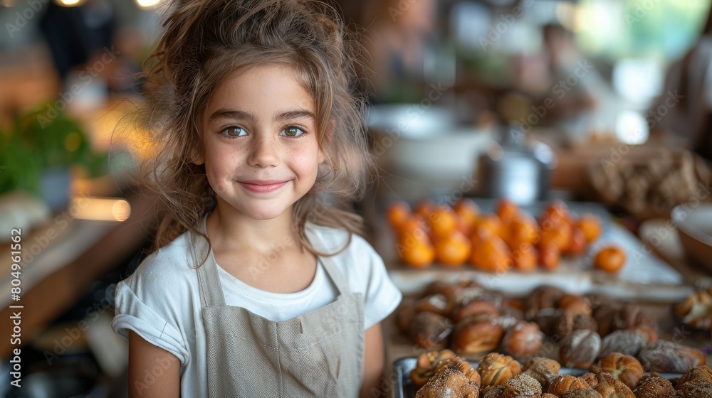 Charming young girl with a radiant smile, proudly standing in a kitchen surrounded by a variety of freshly baked pastries. Charming young girl with a radiant smile, proudly standing in a kitchen surrounded by a variety of freshly baked pastries.