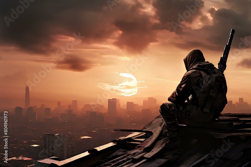 A sniper on a roof and cityscape poster.
