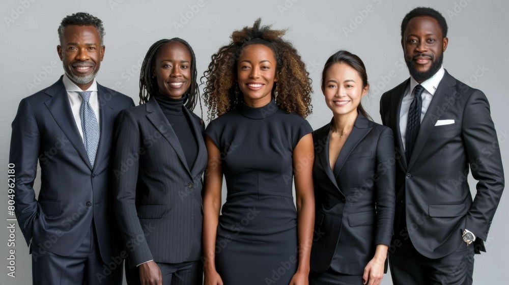 A smiling group of businesspeople in suits celebrating success in a bright office A smiling group of businesspeople in suits celebrating success in a bright office