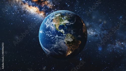 The earth in space  against a galaxy background with stars.