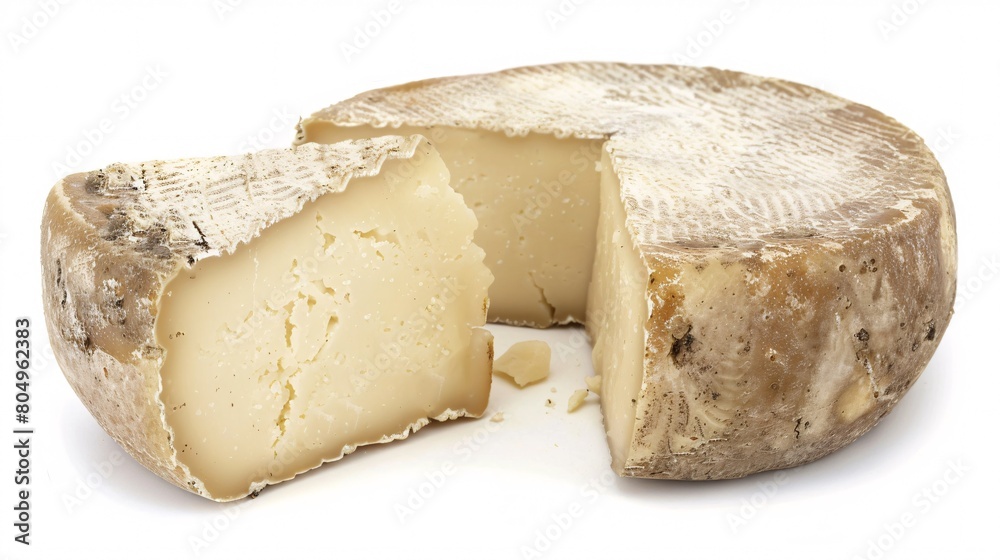 Aged half-wheel of classic Sardinian pecorino cheese made from sheep's milk, on a white background. Aged half-wheel of classic Sardinian pecorino cheese made from sheep's milk, on a white background.