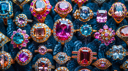 Collection of Colorful Gemstone Rings on Textured Surface.