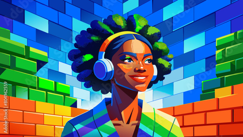 Inclusive image of a happy young gen-z black woman smiling and listening to music through headphones, vivid colours, colourful brick background