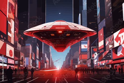 An unknown giant flying object is landing in times square NY illustration