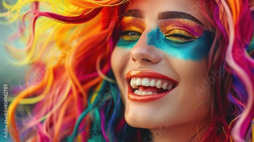 Smiling Woman With Colorful Hair and Makeup. Generative AI