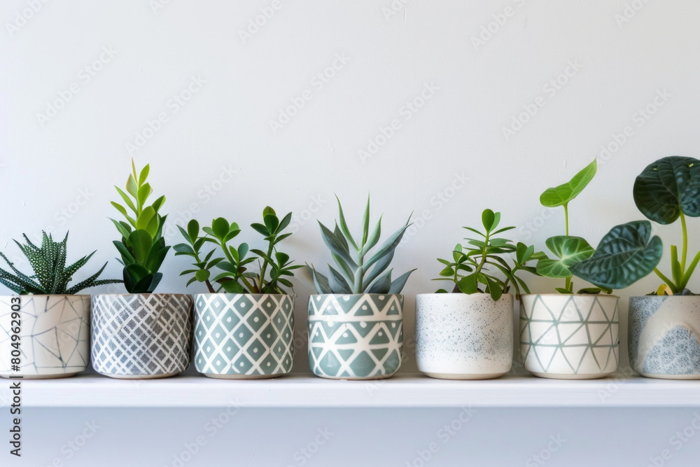 A series of minimalist ceramic plant pots with geometric patterns, arranged in a row on a white shelf, showcasing their modern aesthetic. 