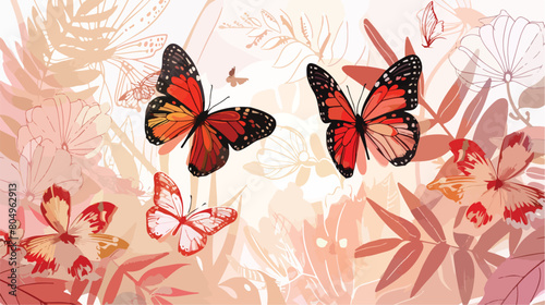 Wallpaper of butterflies and plants Vector illustration