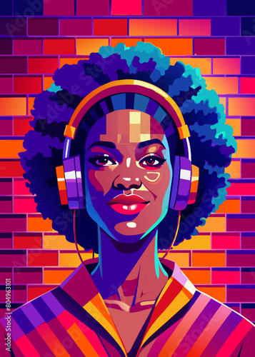 Inclusive image of a happy young gen-z black woman smiling and listening to music through headphones, vivid colours, colourful brick background