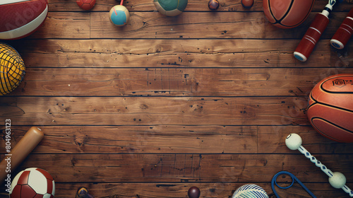 Set of sports items on wooden background