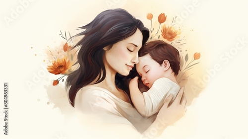 Heartfelt design for Happy Mother's Day featuring a hand-drawn illustration of a mother tenderly cradling her baby, radiating love and warmth.