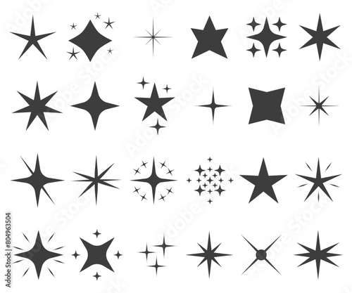 Star and twinkle vector icon set. Collection of various black starburst designs and sparkle symbols in different styles