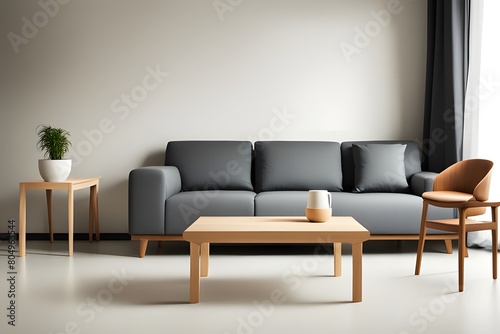 Simple neat interior. Simple sofa and table, ai, generative, 생성형, 심플한 인테리어