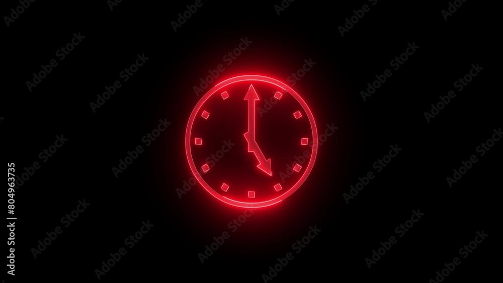 Five O'clock icon glowing neon red color animation black background Five O'clock icon glowing neon red color animation black background