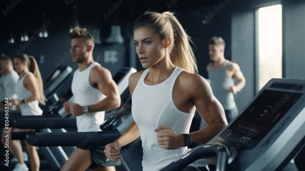 Group of Six Athletic People Running on Treadmills Group of Six Athletic People Running on Treadmills