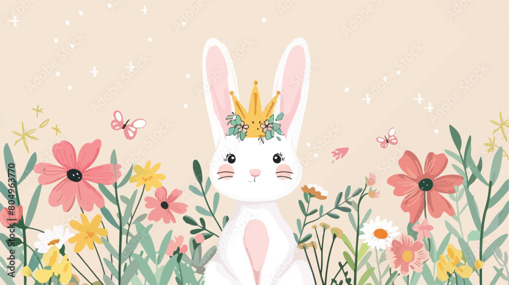 Happy easter rabbit with crown flowers over pointed background
