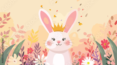 Happy easter rabbit with crown flowers over pointed background