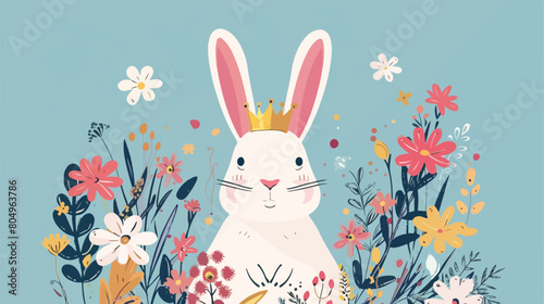 Happy easter rabbit with crown flowers over pointed backgroundd
