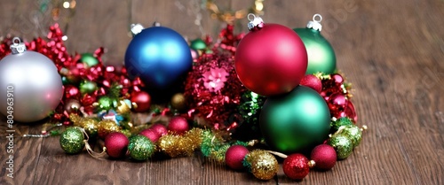  Christmas garland closeup attached wooden ornaments A surface ball placed colorful 