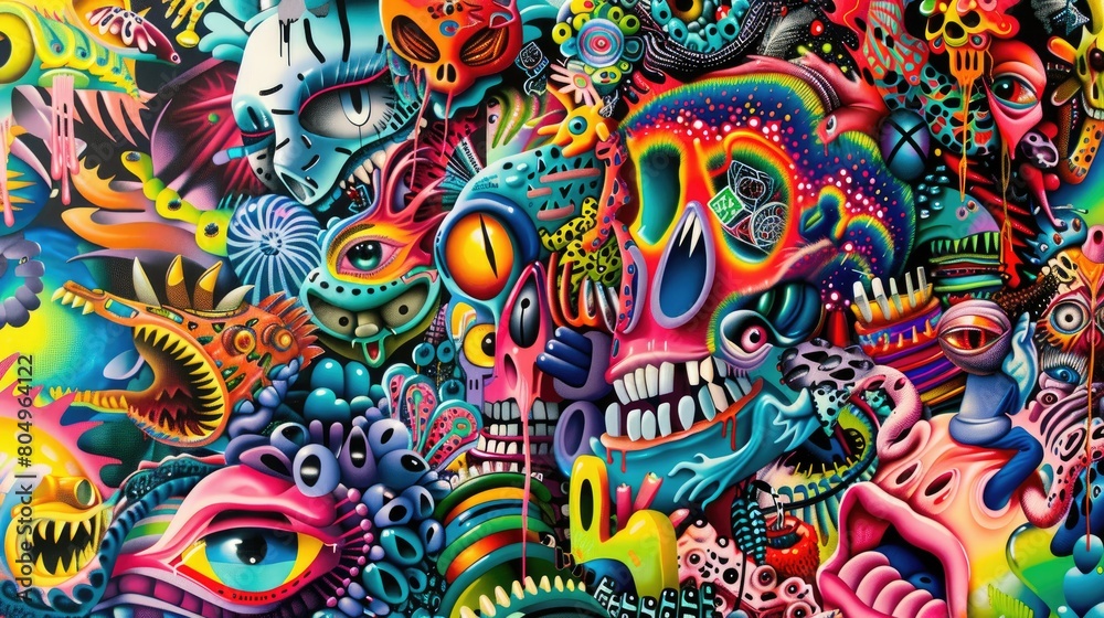 A vibrant and energetic street art-inspired mural painting