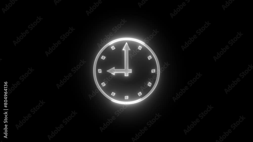 Nine O'clock icon glowing neon white color animation black background