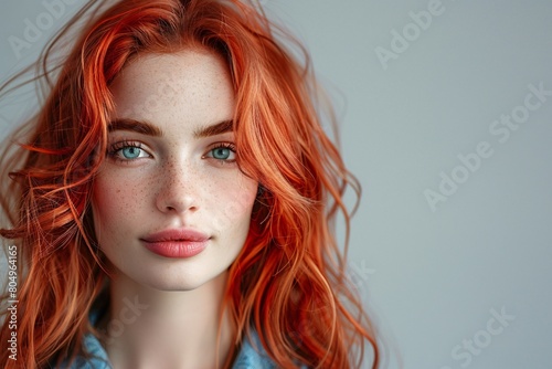 A stunning young woman with casual attire and vibrant red hair against a neutral studio backdrop, with luscious locks and hair dye.