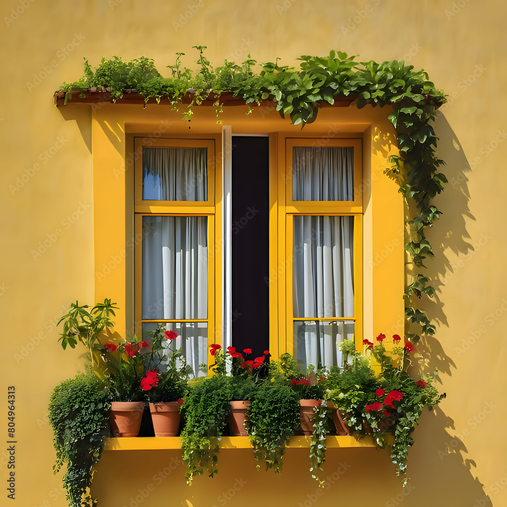 Windows with flowers on the yellow facade of the house, Colorful architecture