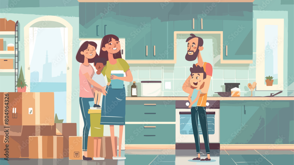 Happy family with belongings in kitchen on moving day