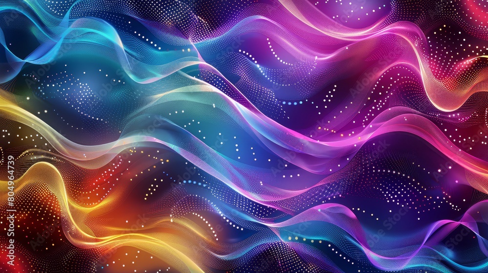 Fototapeta premium A background in the style of 3D render, wavy and rippled dotted surface in shiny glowing material with different colors
