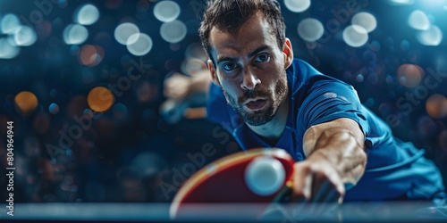 High-quality close-up photo of a skilled table tennis athlete for use in packaging design of tennis equipment. photo